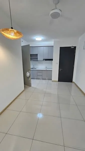 Room features: white painted walls, glossy ceramic tile flooring, ceiling fan, pendant light, kitchen cabinetry in grey, built-in kitchen appliances, open layout, door leading to kitchen, door leading to hallway; style: modern.