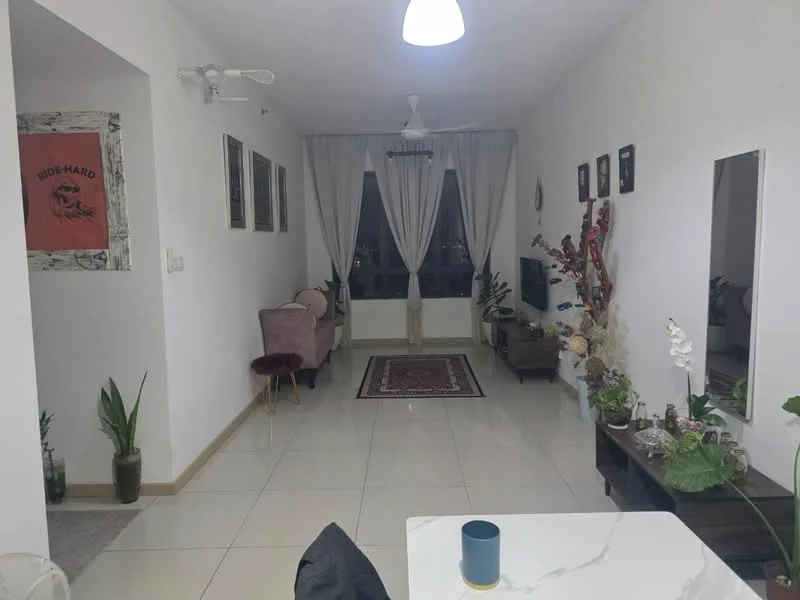 Living features: white painted walls, tile flooring, 5-blade ceiling fan with light, recessed downlights, floor-to-ceiling windows, sheer curtains, TV console, wall-mounted TV, area rug with geometric pattern, decorative plants, framed artwork, mirror, coffee table; style: modern; view: city.