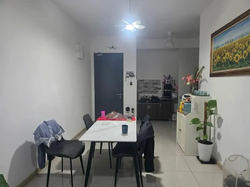 Dining features: white painted walls, tile flooring, 5-blade ceiling fan with light, dining table, 4 black dining chairs, decorative painting on wall, houseplants in ceramic pots, kitchen area visible in background; style: modern.