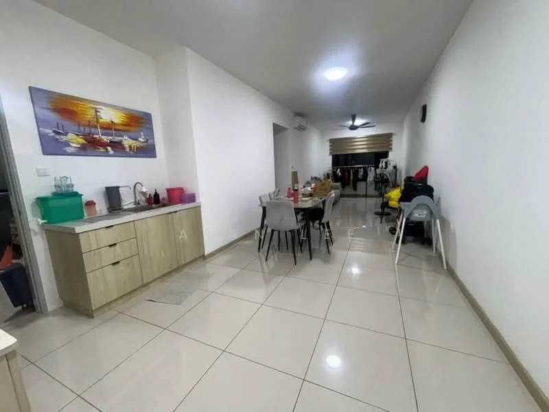Dining features: white painted walls, glossy ceramic tile flooring, ceiling fan, dining table with chairs, high chair, sideboard cabinet, kitchenette area, decorative artwork on wall; style: modern.