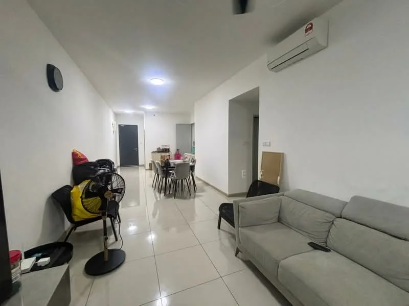 Living features: grey fabric sofa, white painted walls, glossy tile flooring, ceiling-mounted air conditioning unit, wall clock, floor fan, dining table with chairs, open layout, light fixture in ceiling; style: modern.