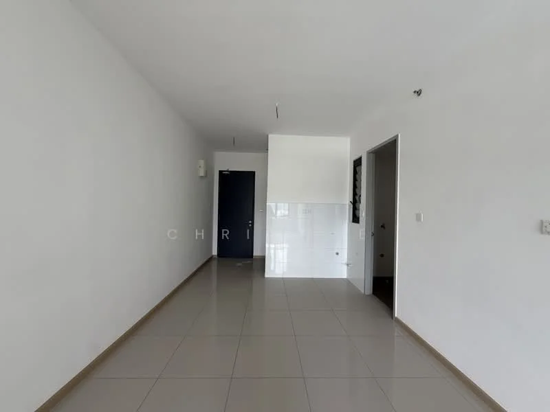 Room features: white painted walls, glossy ceramic tile flooring, ceiling with recessed lighting, doorway leading to another room, doorway leading to bathroom, neutral color scheme, no visible furniture or decor; style: modern.