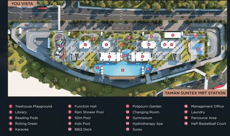 Floor plan: features: function hall, gymnasium, kids pool, changing room, BBQ deck, 50m pool, hydrotherapy spa, laundry, treehouse playground, reading pods, karaoke room, management office, parcourse area, half basketball court.