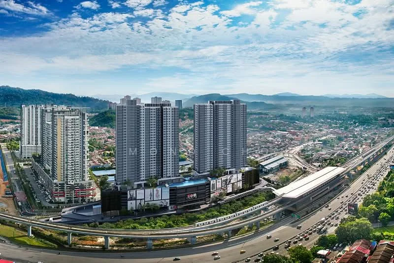 Exterior type: high-rise condominium; features: glass curtain wall, multiple high-rise towers, commercial space at ground level, surrounded by greenery, proximity to highway, urban landscape in background, mountain view in distance; style: modern.