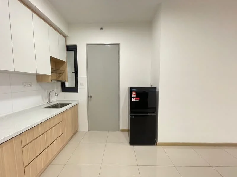 Kitchen features: white cabinets with wood accents, grey countertop, single-bowl stainless-steel sink, chrome pull-down faucet, built-in cabinetry, black fridge, white tiled backsplash, ceramic tile flooring, wall-mounted light, neutral painted walls; style: modern.