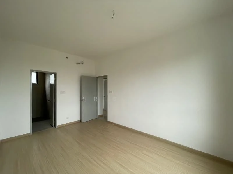 Room features: white painted walls, laminate flooring, single door, double door, window, no visible furniture or decor; style: minimalist.