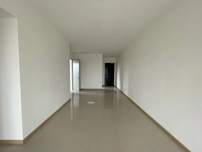 Room features: white painted walls, glossy ceramic tile flooring, neutral color scheme, large windows, doorway leading to another room, minimalist design, ceiling light fixture, no visible furniture; style: modern.