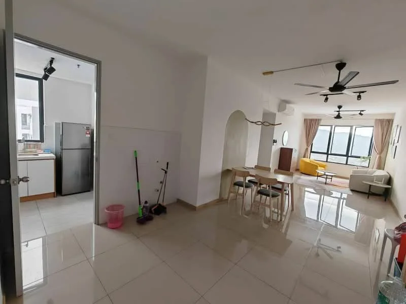 Living features: floor-to-ceiling windows, 3-blade ceiling fan, white painted walls, tile flooring, sofa in cream, dining table with 4 chairs, decorative mirror, TV console, area rug, view of the sea; style: modern; view: sea. Kitchen features: stainless-steel fridge, white cabinetry, countertop, sink, tile backsplash; style: modern.
