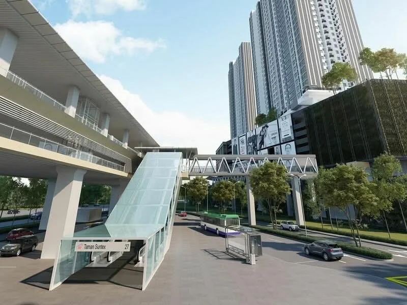 Exterior type: high-rise condominium; features: glass facade, elevated walkway, modern architecture, surrounding greenery, multi-storey building, public transport station, open-air parking, urban context; style: modern.