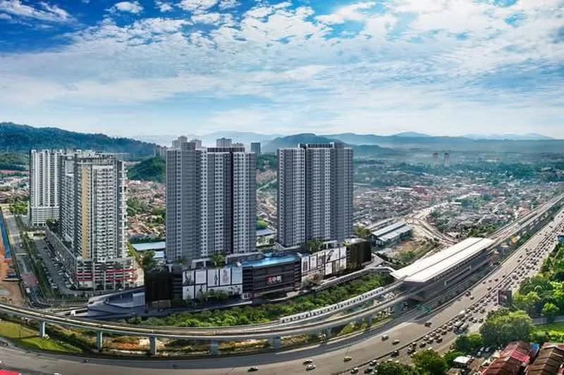 Exterior type: high-rise condominium; features: glass curtain wall, multiple high-rise towers, surrounded by greenery, adjacent to highway, urban landscape, parking structure, public transport access, mountain view in background; style: modern.