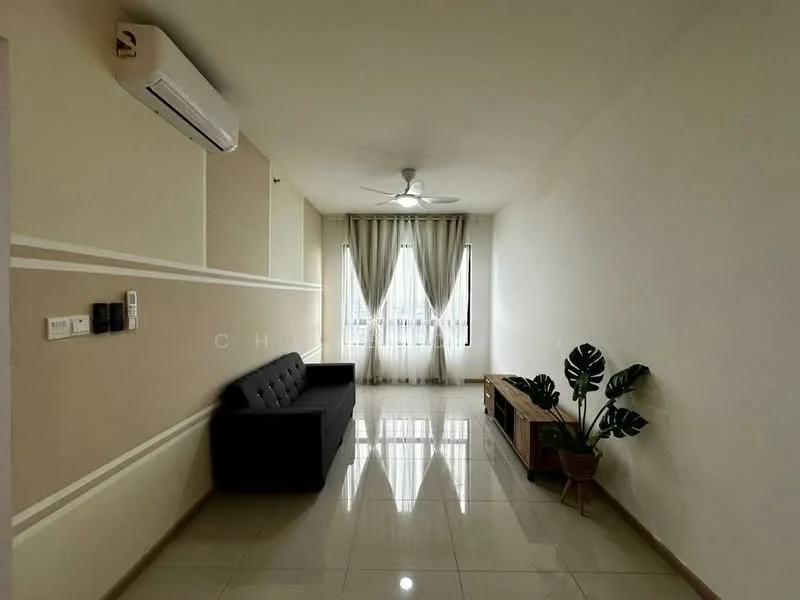 Living features: cream painted walls, grey accent wall, glossy tile flooring, 5-blade ceiling fan with light, floor-to-ceiling windows, sheer curtains, black sofa, wooden TV console, decorative houseplant; style: modern; view: city.