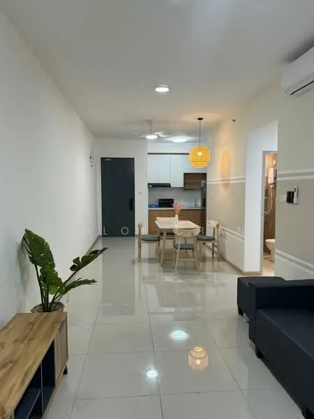 Living features: white painted walls, glossy ceramic tile flooring, 5-blade ceiling fan with light, sofa in dark grey, wooden coffee table, TV console, decorative plant in ceramic pot, area rug, wall-mounted air conditioning unit; style: modern. Dining features: 6-seater dining table, wooden dining chairs, pendant light fixture, open kitchen layout; style: modern. Kitchen features: white cabinetry, black countertop, stainless-steel sink, built-in stove, oven, refrigerator; style: modern.