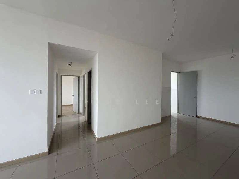 Room features: white painted walls, glossy ceramic tile flooring, doorway leading to another room, doorway leading to bathroom, neutral ceiling, light fixtures, windows, baseboards; style: modern.