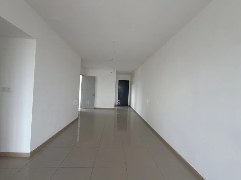 Room features: white painted walls, glossy ceramic tile flooring, ceiling with no visible fixtures, open layout, neutral color scheme, large windows, doorway leading to another room, doorway leading to a bathroom or closet; style: modern.