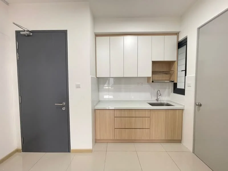 Kitchen features: white upper cabinets, wood lower cabinets, single-bowl stainless-steel sink, chrome pull-down faucet, white countertop, white tiled backsplash, built-in shelving, ceramic tile flooring, recessed downlights, grey door, neutral wall color; style: modern.
