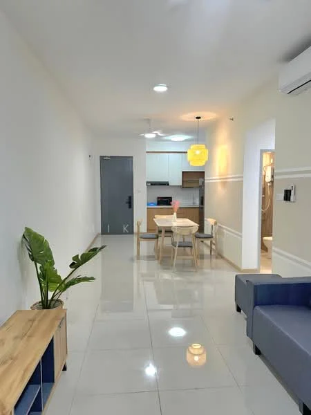 Living features: white painted walls, glossy ceramic tile flooring, 5-blade ceiling fan with light, recessed downlights, sofa in grey fabric, wooden coffee table, TV console, indoor plant in ceramic pot, dining table with four chairs, pendant lamp, open layout to kitchen, doorway to hallway; style: modern. Kitchen features: white cabinetry, stainless-steel sink, built-in oven, freestanding range oven, countertop with backsplash, refrigerator, open layout to living area; style: modern.