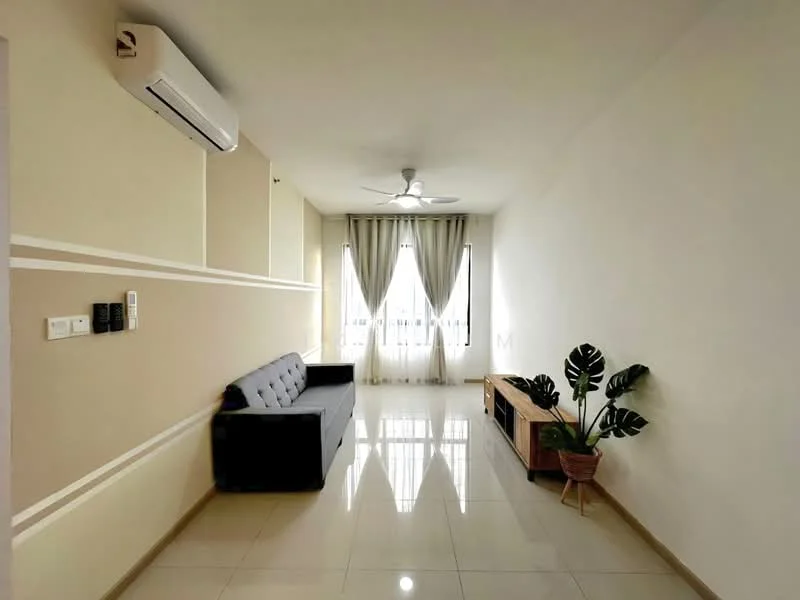 Living features: grey fabric sofa, wall-mounted split AC, 5-blade ceiling fan with light, cream painted walls, white tiled flooring, large windows with sheer curtains, wooden TV console, decorative houseplant in ceramic pot; style: modern.