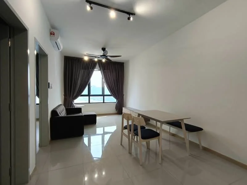 Living features: white painted walls, glossy tile flooring, 5-blade ceiling fan with light, floor-to-ceiling windows, dark brown sofa, dining table with white top and wooden legs, 2 dining chairs with blue upholstery, curtains in dark color, air conditioning unit on wall; style: modern; view: city.