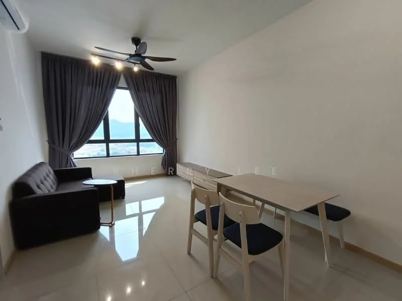 Living features: 3-seater fabric sofa in brown, 2-seater fabric sofa in brown, dining table with 4 chairs, floor-to-ceiling window, curtains in dark grey, ceiling fan with light, polished tile flooring, mountain view; style: modern; view: mountain.