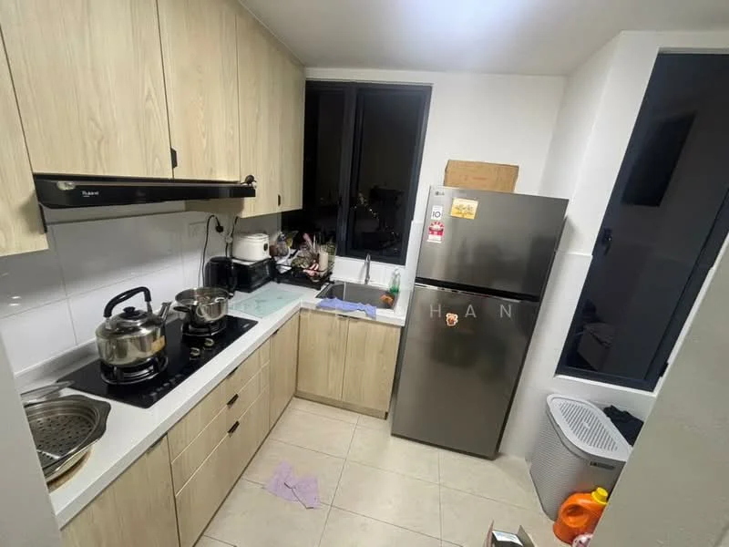 Kitchen features: light wood cabinetry, white countertop, stainless-steel sink, chrome pull-down faucet, built-in stove with exhaust hood, stainless-steel fridge, ceramic tile flooring, window with black frame, kitchen utensils on countertop, two cooking pots on stove, dish rack, laundry basket; style: modern.