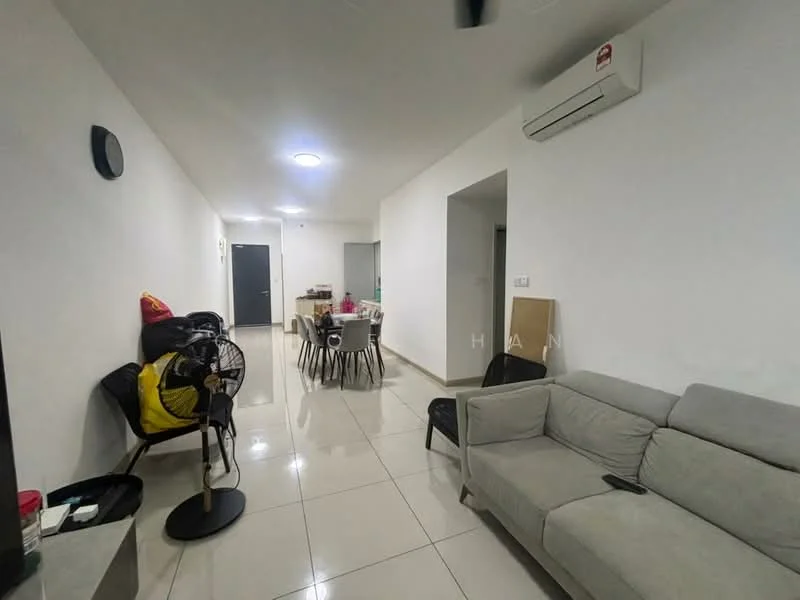 Living features: grey fabric sofa, white walls, white tiled flooring, ceiling fan, wall-mounted split AC, round ceiling light, black wall clock, small coffee table, dining table with chairs, open layout, decorative items on the table, floor fan; style: modern. Room features: white walls, white tiled flooring, doorway leading to hallway.