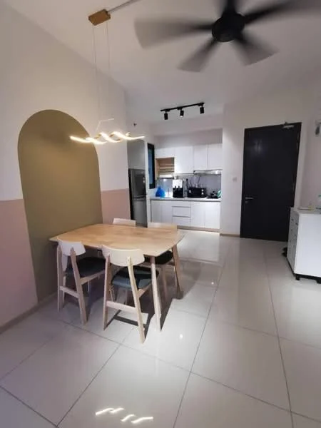 Dining features: round wooden dining table, 3 dining chairs, pendant light fixture, white walls, light grey accent wall, white cabinetry, stainless-steel fridge, kitchen countertop, ceramic tile flooring, ceiling fan, recessed lighting; style: modern. Kitchen features: white cabinetry, stainless-steel fridge, kitchen countertop, ceramic tile flooring; style: modern.