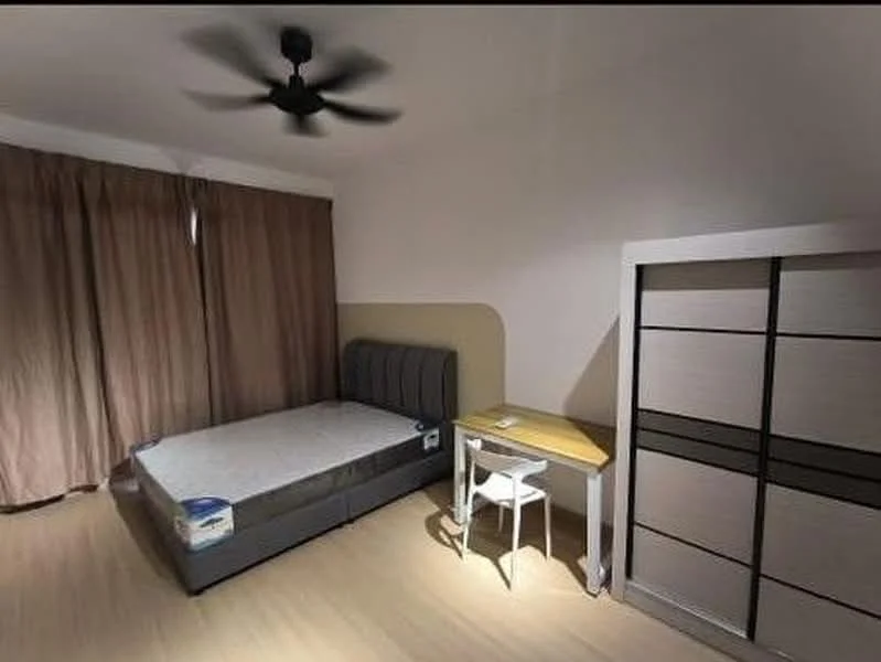Bedroom features: queen-size bed, upholstered headboard, wooden flooring, 5-blade ceiling fan, curtains in beige, study desk with yellow top, white chair, built-in wardrobe with sliding doors; style: modern.