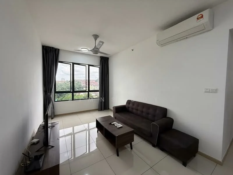 Living features: 3-seater fabric sofa in dark brown, ceiling fan, wall-mounted air conditioning unit, flat-screen TV, TV console, coffee table, large windows with black curtains, glossy ceramic tile flooring, white painted walls; style: modern; view: garden.