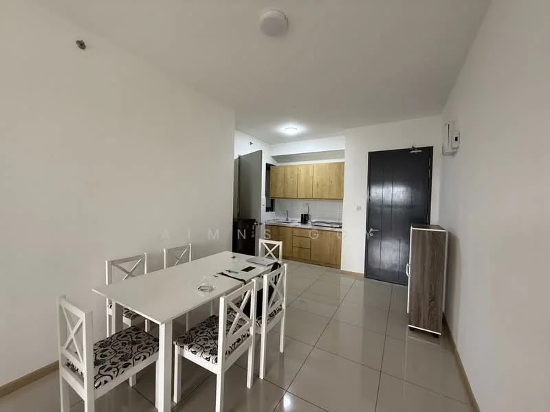 Dining features: white dining table, 4 white chairs with patterned upholstery, tile flooring, white painted walls, recessed ceiling lights, wall-mounted air conditioning unit, kitchen area visible in background, wood cabinetry in kitchen, grey countertop in kitchen, door leading to kitchen, open layout; style: modern.