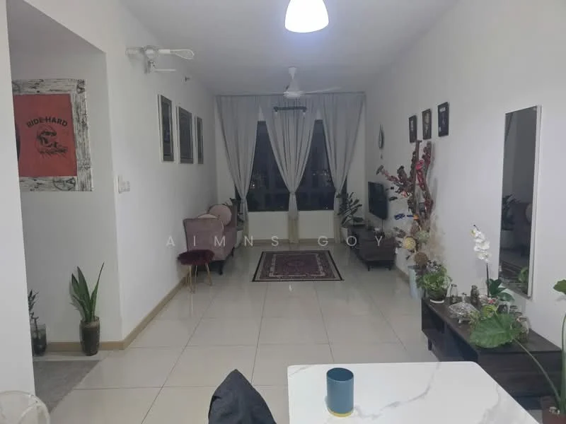 Living features: white painted walls, tile flooring, 5-blade ceiling fan with light, large windows with sheer curtains, wall-mounted TV, sofa in light fabric, coffee table, area rug with geometric pattern, decorative plants in pots, framed artwork on walls, mirror on wall, decorative vase; style: modern; view: city.