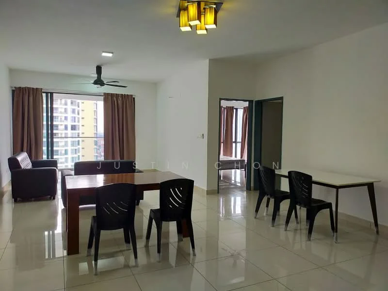 Living features: 3-seater leather sofa in dark brown, dining table with 4 black plastic chairs, floor-to-ceiling windows, curtains in brown, ceiling fan, recessed ceiling lights, glossy ceramic tile flooring, neutral painted walls; style: modern; view: city. Room features: open layout, natural light from windows.