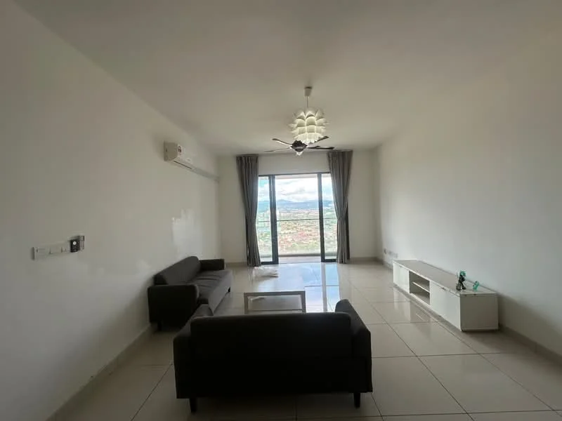 Living features: white painted walls, glossy ceramic tile flooring, 5-blade ceiling fan with light, floor-to-ceiling windows, grey fabric sofa, white TV console, coffee table, curtains, air conditioning unit; style: modern; view: city.