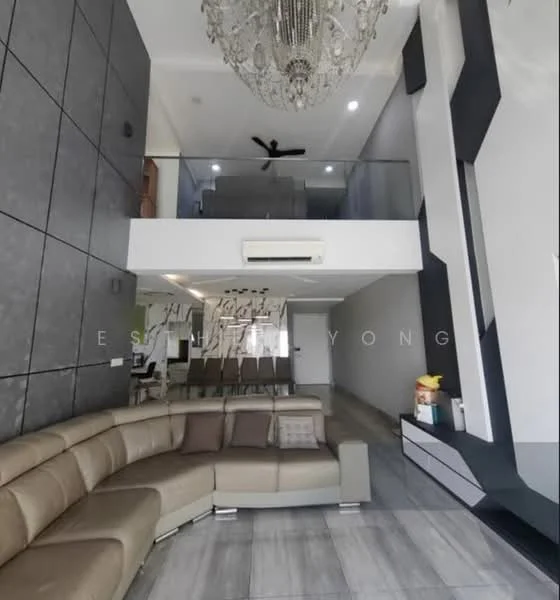 Living features: L-shape sectional sofa in beige, chandelier, 5-blade ceiling fan, grey accent wall, white painted walls, recessed downlights, large windows, wooden flooring, open-plan layout, glass railing, decorative wall panels, TV console, area rug; style: modern.