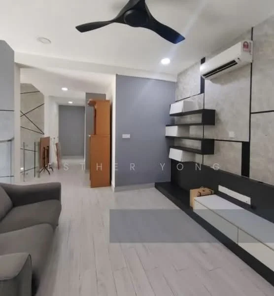 Living features: grey fabric sofa, 5-blade ceiling fan with integrated LED light, wall-mounted TV console, floating shelves, light grey walls, wooden flooring, air conditioning unit, decorative wall paneling; style: modern. Room features: staircase visible in background, wooden cabinet, light grey walls, laminate flooring.