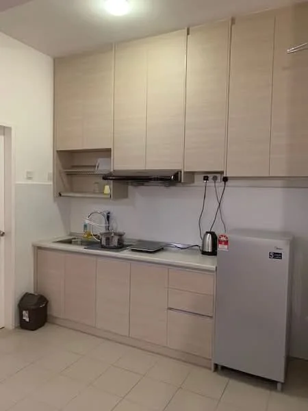 Kitchen features: light wood cabinetry, stainless-steel sink, chrome pull-down faucet, grey countertop, built-in stove, exhaust hood, refrigerator, tile flooring, white walls, open shelving, kettle, cooking pot, dish soap, sponge; style: modern.