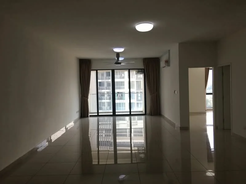 Living features: white painted walls, glossy ceramic tile flooring, 5-blade ceiling fan with light, floor-to-ceiling windows, sheer curtains, sliding glass door, natural light, neutral color scheme; style: modern; view: city.