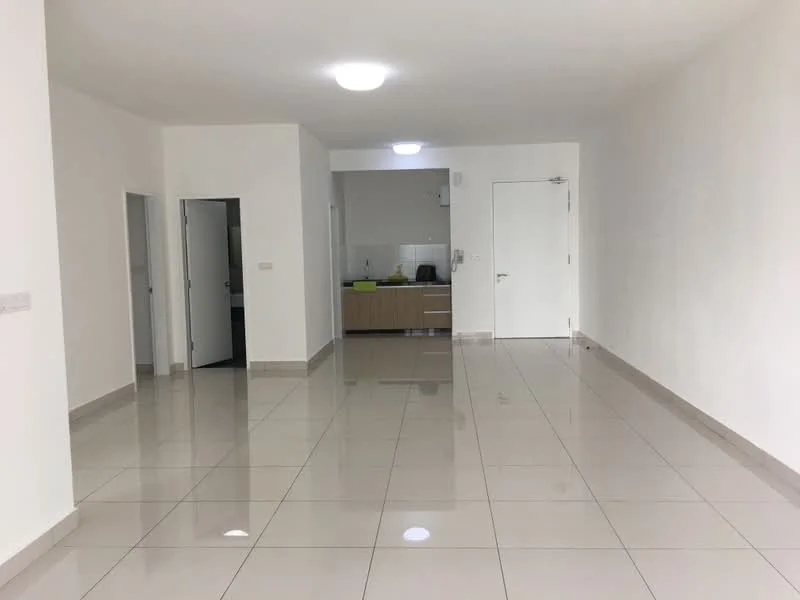 Room features: white painted walls, glossy ceramic tile flooring, recessed ceiling lights, open layout, kitchen area visible in background, doorway leading to another room, door leading to kitchen, neutral color scheme; style: modern.