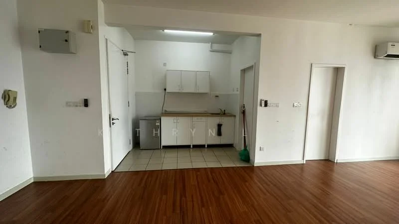 Kitchen features: white cabinetry, laminate countertop, single-bowl stainless-steel sink, built-in oven, freestanding range oven, ceramic tile flooring, wall-mounted split AC; style: modern. Living features: wood laminate flooring, white painted walls, 1 wall-mounted split AC; style: modern.