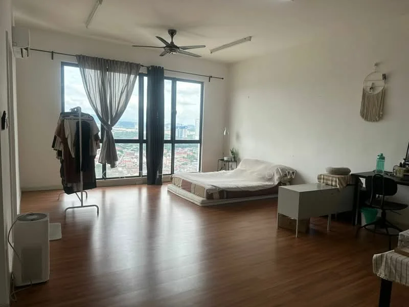Bedroom features: wooden flooring, floor-to-ceiling windows, city view, queen-size bed, upholstered headboard, ceiling fan, light curtains, clothes rack, study desk, chair, decorative wall hanging; style: minimalist.
