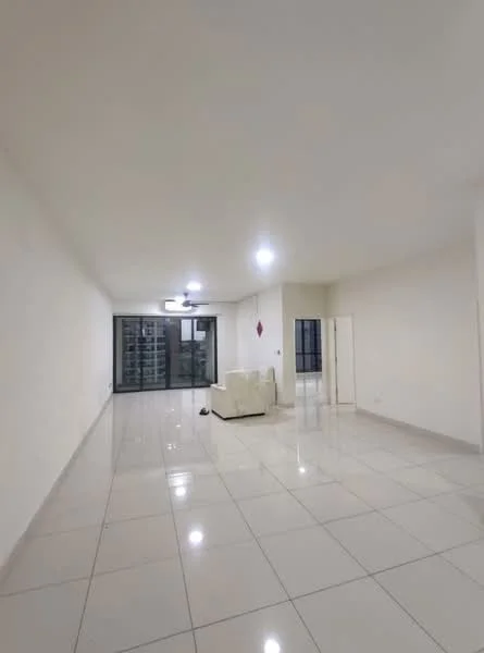 Living features: white painted walls, glossy ceramic tile flooring, recessed downlights, 5-blade ceiling fan, large floor-to-ceiling windows, sliding glass door, neutral color scheme, open layout; style: modern; view: city.