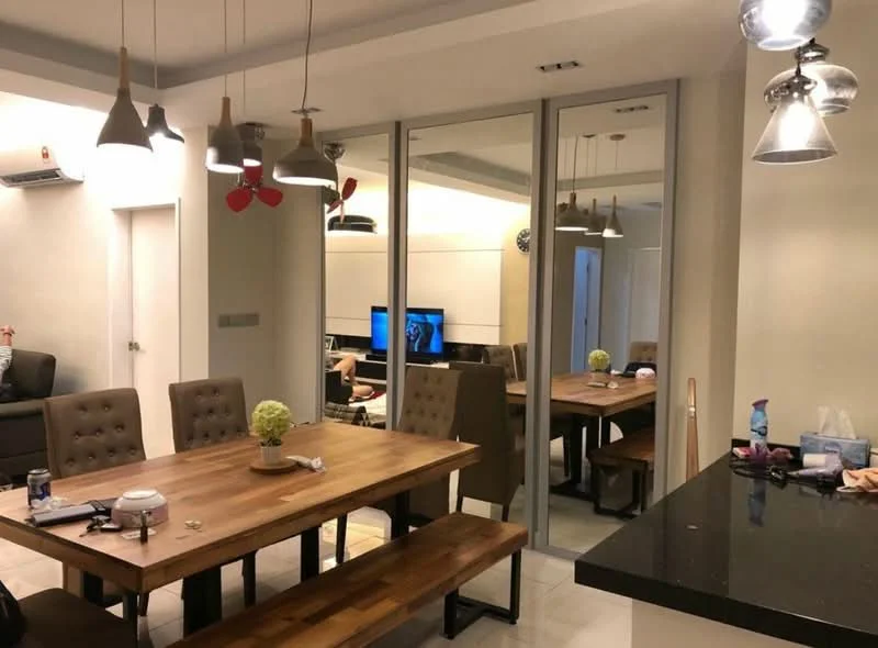 Dining features: wooden dining table, 6 upholstered dining chairs, bench seating, decorative plant on table, pendant lighting, recessed ceiling lights, mirror wall, black countertop, wall-mounted TV, air conditioning unit, light-colored walls, tile flooring; style: modern. Living features: sofa, TV console, wall-mounted TV; style: modern.