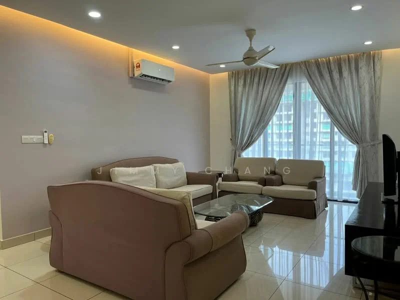 Living features: cream painted walls, glossy tile flooring, 5-blade ceiling fan with light, floor-to-ceiling windows, sheer curtains, sofa with beige upholstery, 2-seater sofa in light brown, coffee table with glass top, TV console, wall-mounted air conditioning unit; style: modern; view: city.