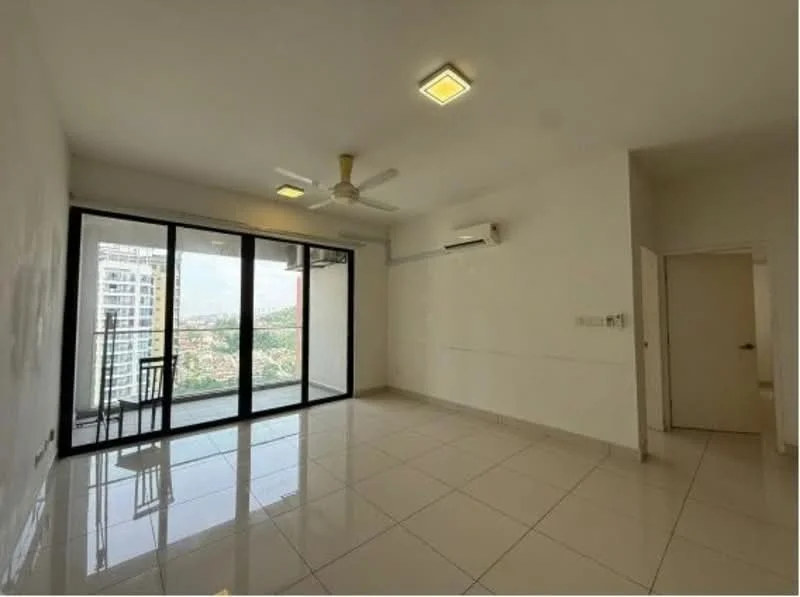 Living features: white painted walls, glossy ceramic tile flooring, 5-blade ceiling fan with light, wall-mounted split AC, floor-to-ceiling windows, sliding glass door, balcony view, neutral color scheme, recessed ceiling lights; style: modern; view: city.