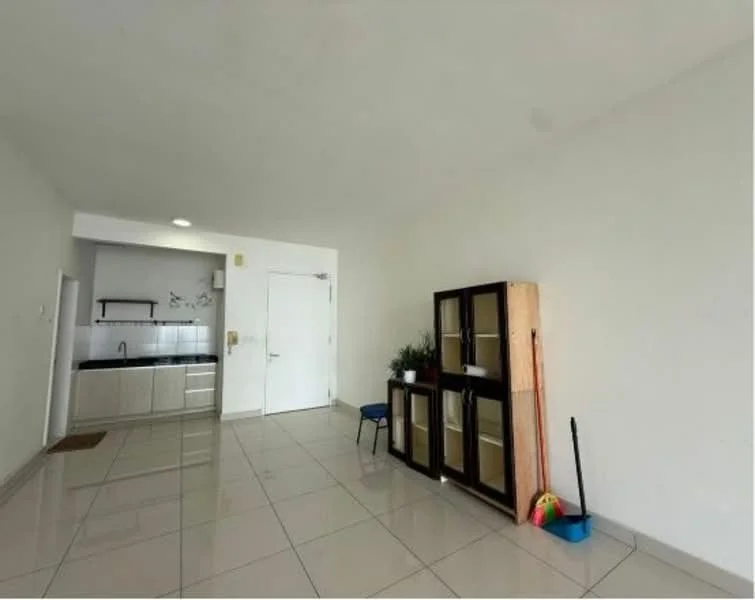 Room features: white painted walls, flat ceiling, large floor tiles, kitchen area with countertop, stainless-steel sink, kitchen cabinetry, door leading to another room, glass display cabinet, small blue chair, cleaning tools visible; style: modern.