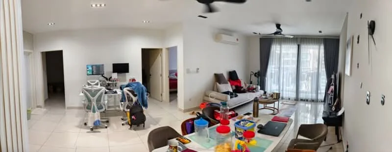 Living features: white painted walls, glossy tile flooring, 5-blade ceiling fan with light, floor-to-ceiling windows with sheer curtains, sofa with cushions, coffee table, TV console with wall-mounted TV, decorative wall clock, area rug, decorative plants, open shelving, dining table with chairs, computer desk, various toys and items on the table; style: modern. Room features: doorway leading to another room, visible bedroom area in the background.
