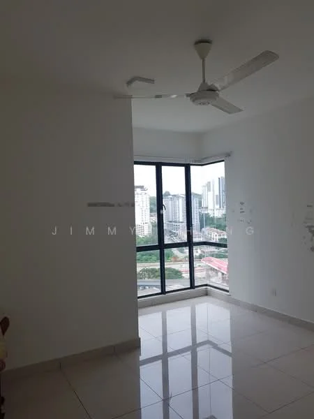 Room features: white painted walls, glossy ceramic tile flooring, 5-blade ceiling fan, floor-to-ceiling windows, city view; view: city.