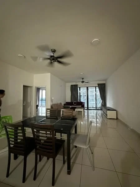 Living features: white painted walls, glossy tile flooring, 5-blade ceiling fan, sofa in dark purple, coffee table, dining table with black glass top, wooden dining chairs, white sideboard, floor-to-ceiling windows, curtains, natural light; style: modern; view: city.