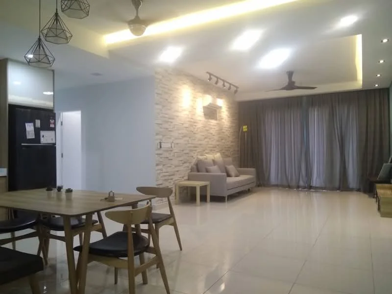 Living features: light grey sofa, decorative wall with stone cladding, recessed ceiling lights, ceiling fan, floor-to-ceiling windows with sheer curtains, polished ceramic tile flooring, wall-mounted air conditioning unit, LED strip lighting, wooden coffee table, dining table with wooden legs and black chairs; style: modern.