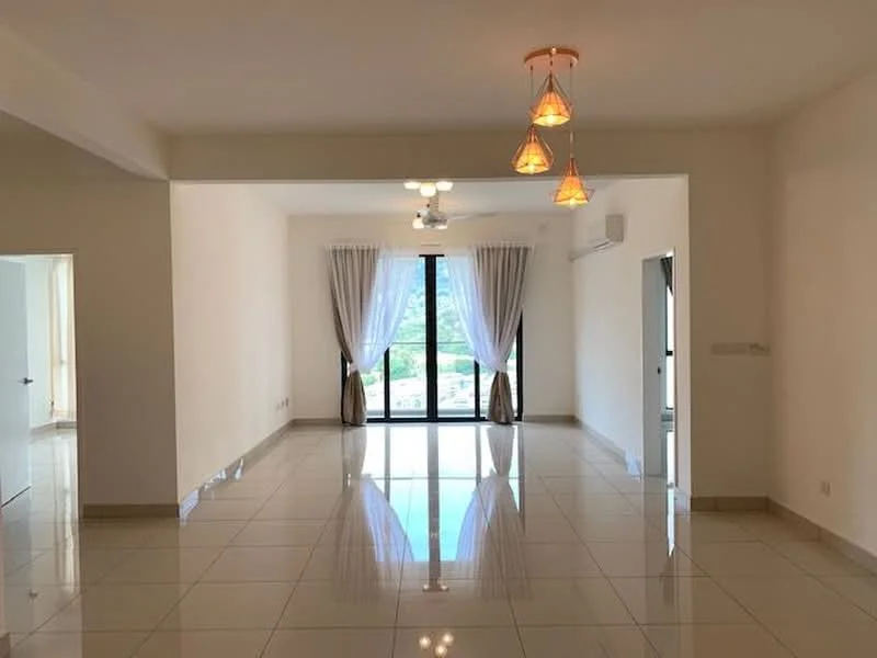 Living features: white painted walls, glossy ceramic tile flooring, 5-blade ceiling fan with light, floor-to-ceiling sliding glass door, sheer curtains, recessed downlights, decorative pendant lights, open layout, natural light from large windows, view of outdoor greenery; style: modern; view: garden.