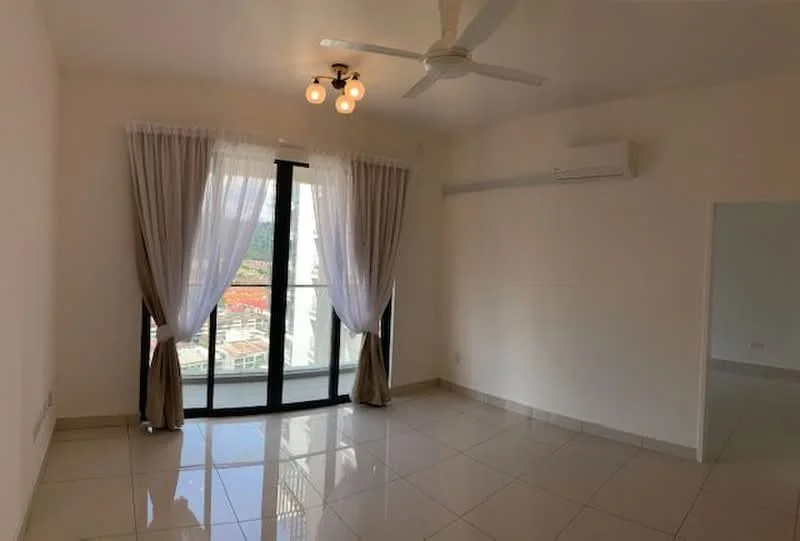 Room features: floor-to-ceiling windows, sheer curtains, blackout curtains, 3-blade ceiling fan, recessed downlights, white painted walls, glossy tile flooring, wall-mounted split AC; style: modern; view: city.